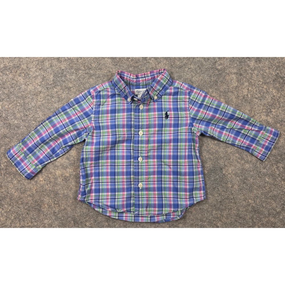 Ralph Lauren Baby Boy Plaid Button Down Shirt Blue Green Pink 9M Long Sleeve